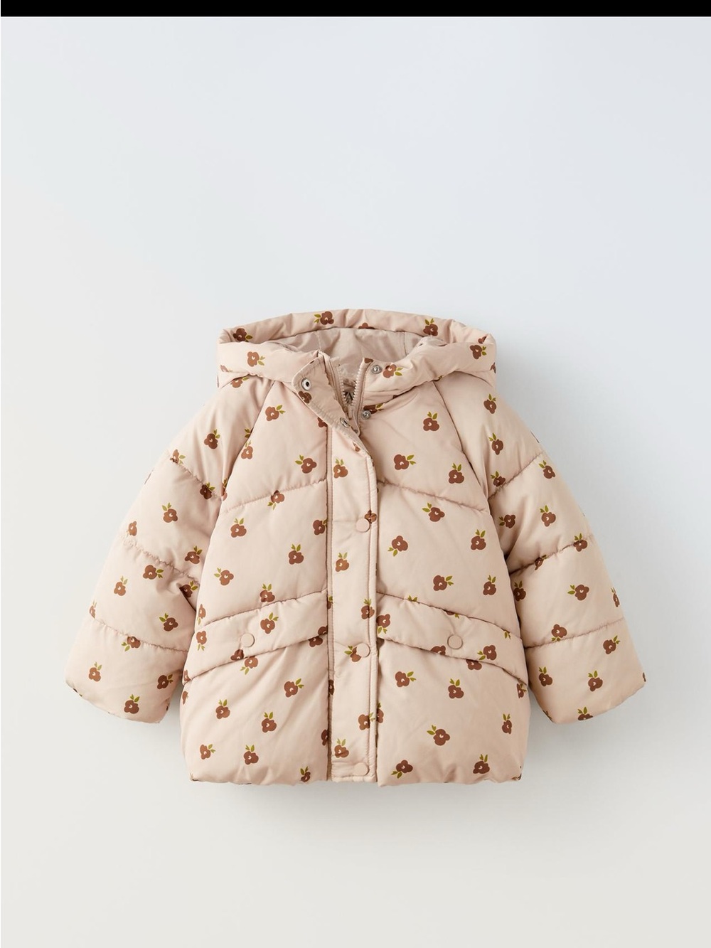 Zara Beige Floral Puffer Jacket with Hood